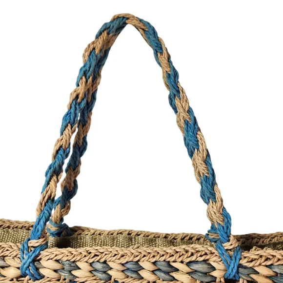 Vintage Woven Corn Husk Straw Tote Bag Purse Small Bohemian Beach Blue Braided - Picture 4 of 10